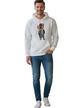 Cyrus Hoodie Mens Size L Ivory Oversized Pullover Bear Graphic Rhinestones